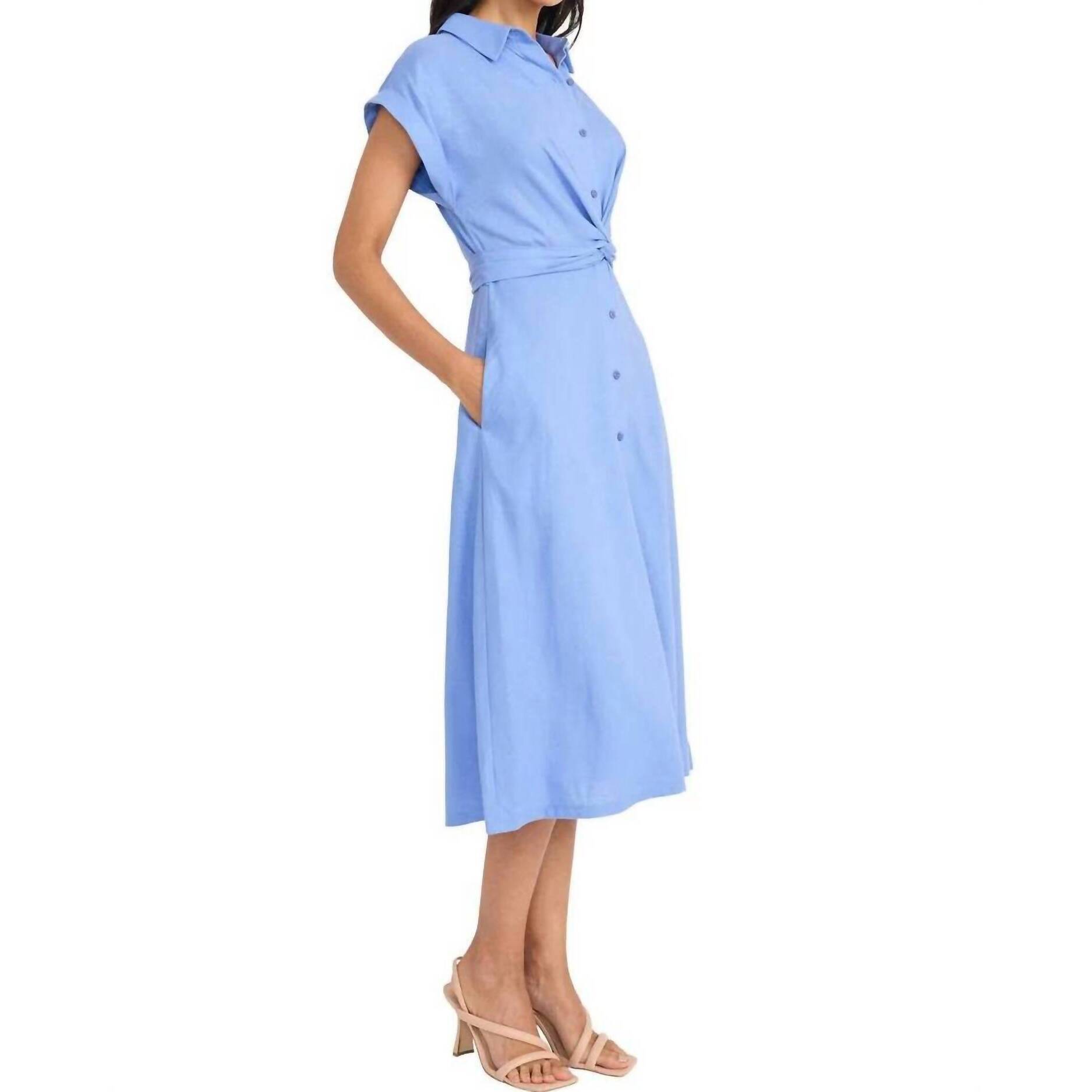 New Maggy London Cuff Sleeve Linen Wrap Dress In Blue Bonnet